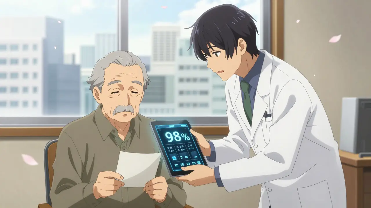 Un homme âgé dans un cabinet médical, regardant un écran affichant des données de fiabilité des médicaments génériques, entouré de lumière douce.