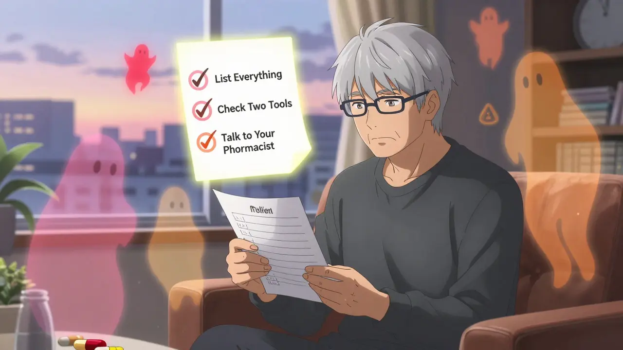 Un homme âgé entouré d'auras colorées représentant ses médicaments, avec une checklist animée en arrière-plan.