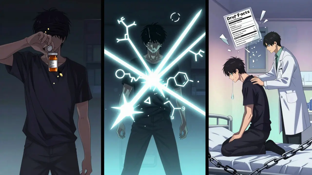 Un homme en train de surdoser des médicaments, représenté en trois scènes dramatiques.