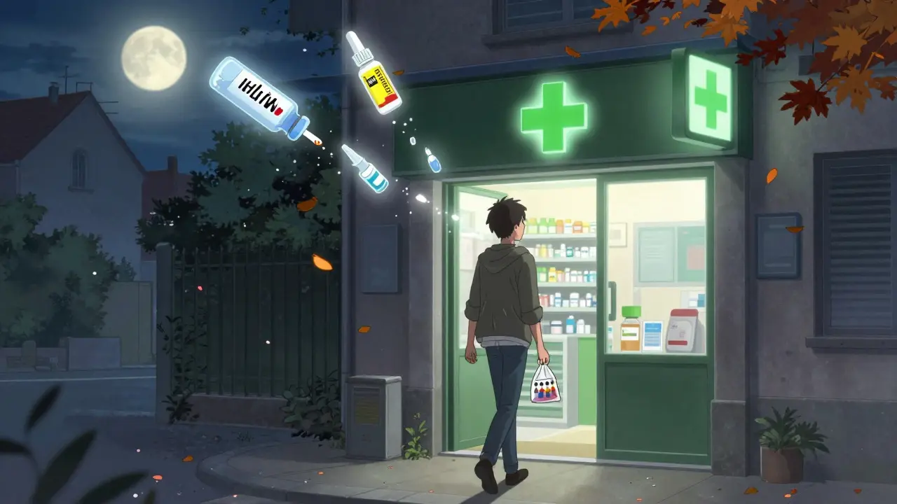 Un homme se dirige vers une pharmacie avec un sac contenant des médicaments périmés, des symboles flottants disparaissent autour de lui.