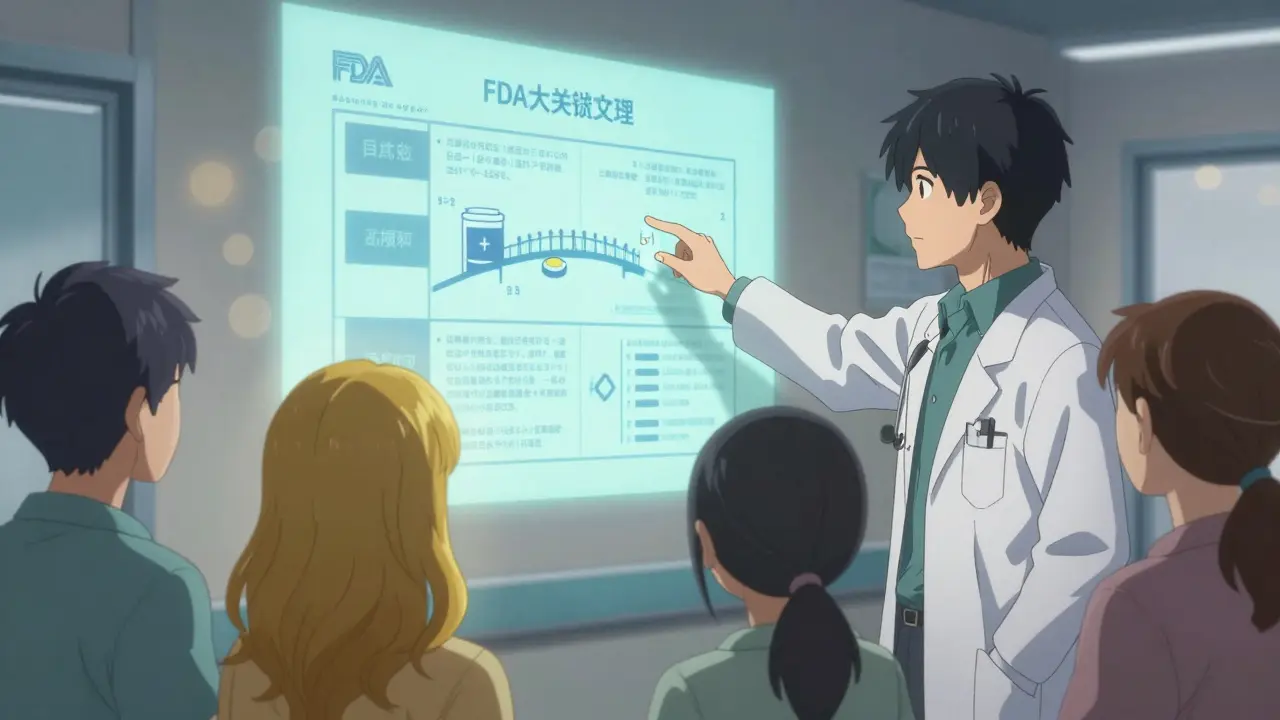 Un médecin montre un graphique d'équivalence à des patients, dont les auréoles changent de couleur en comprenant la vérité.