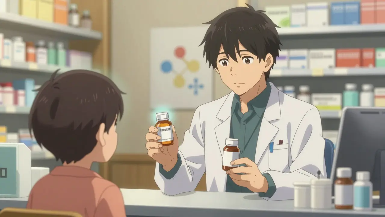 Un pharmacien compare deux flacons de médicaments, l'un de marque et l'autre générique.