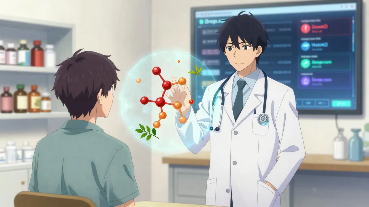 Un pharmacien et un patient observent ensemble une représentation holographique d'interactions médicamenteuses dangereuses.