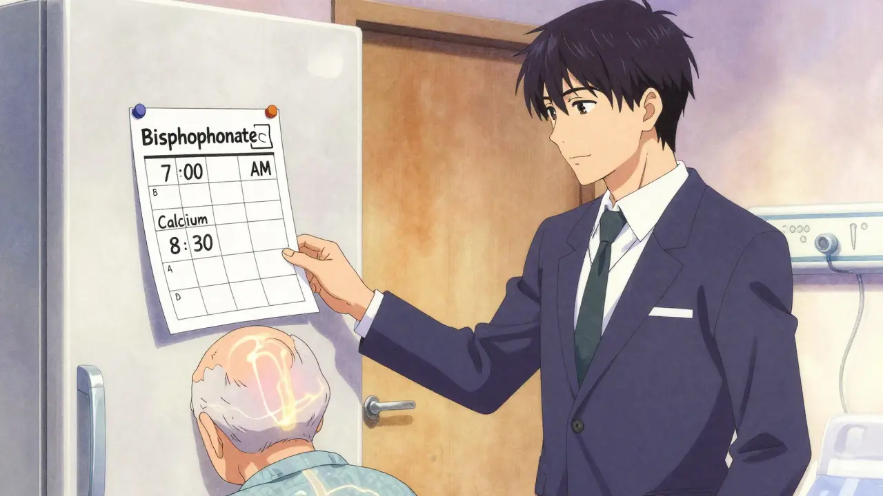 Un pharmacien remet un planning imprimé à un patient âgé, fixé au réfrigérateur avec les heures de prise.