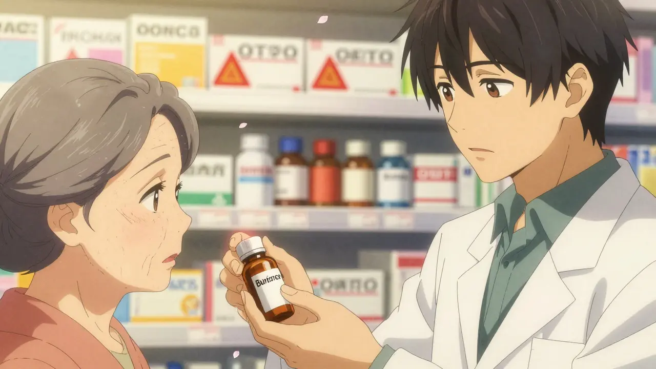 Un pharmacien remet une boîte de médicament à une femme âgée avec bienveillance.