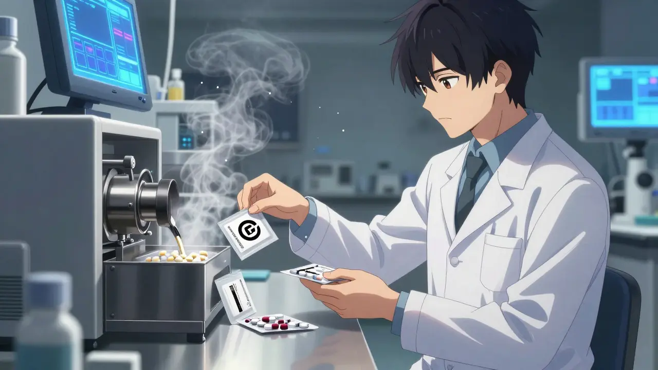 Un technicien remplit deux emballages différents avec des pilules identiques dans un laboratoire.