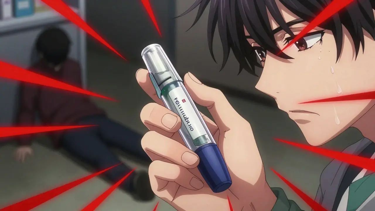 Une main tremblante tient un stylo EpiPen périmé, des lignes rouges d'avertissement l'entourent.
