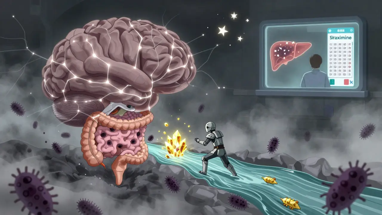 Bataille symbolique dans l'intestin entre antibiotiques et bactéries, avec un patient utilisant une application de détection.