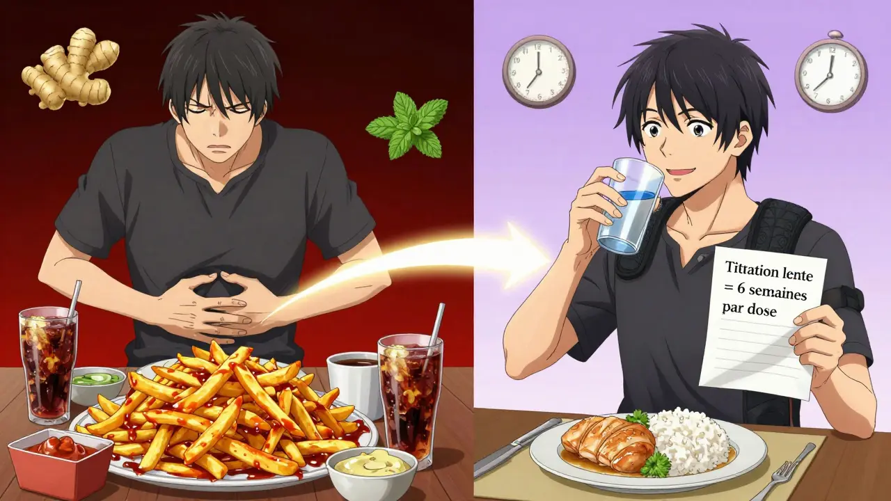 Comparaison d'un homme souffrant de nausées avec un repas lourd versus un homme apaisé après un petit repas et une titration lente, avec symboles de gingembre et de menthe.