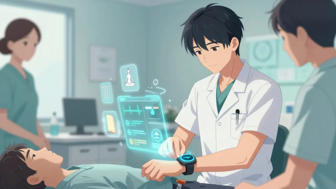 Équipe médicale aide un patient à surveiller ses signes vitaux avec un dispositif connecté, symboles de soins holistiques flottant autour d'eux.