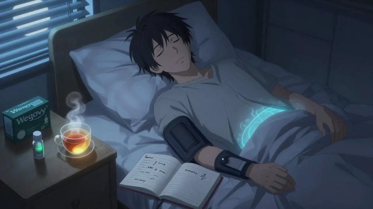 Homme au lit portant un bandeau d'acupression, tenant un journal alimentaire et une tisane au gingembre, apaisé par la lumière de la lune.