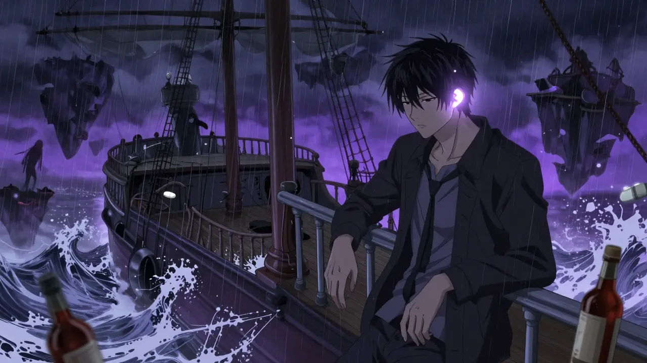 Homme en pleine hallucination sur un navire en tempête, entouré de symboles de substances dangereuses.