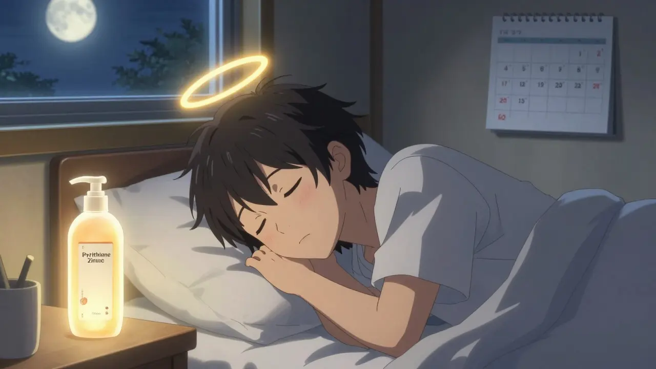 Homme endormi, cuir chevelu sain, bouteille de shampoing brillante à côté du lit.