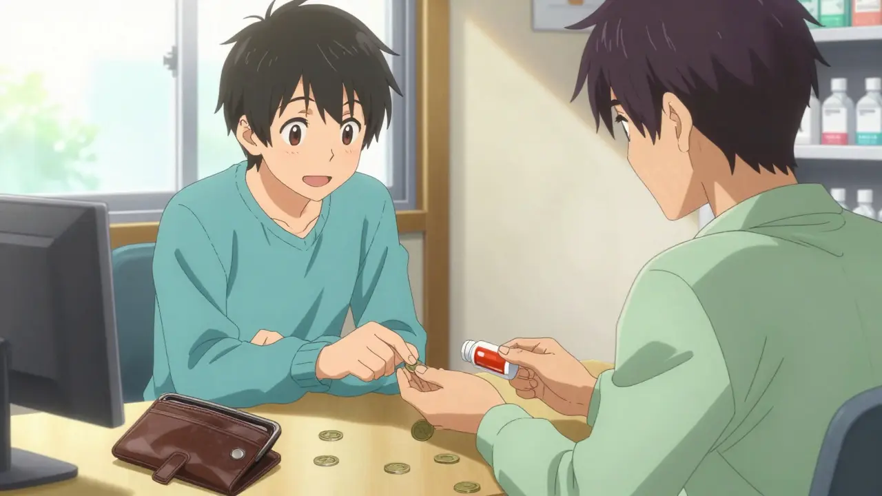 Homme heureux payant moins cher pour un médicament générique.