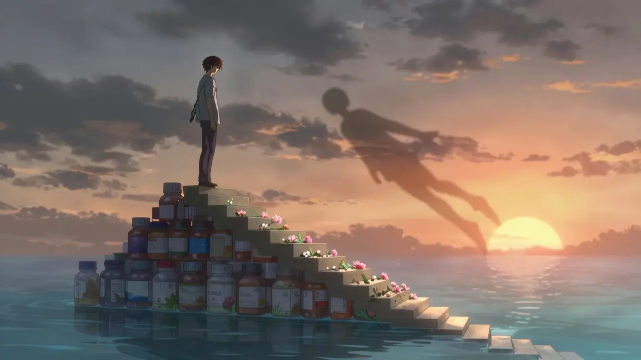 Homme marchant sur un escalier de pilules qui se transforment en fleurs, ombre passant de chaînes à une forme lumineuse, ciel au lever du soleil.