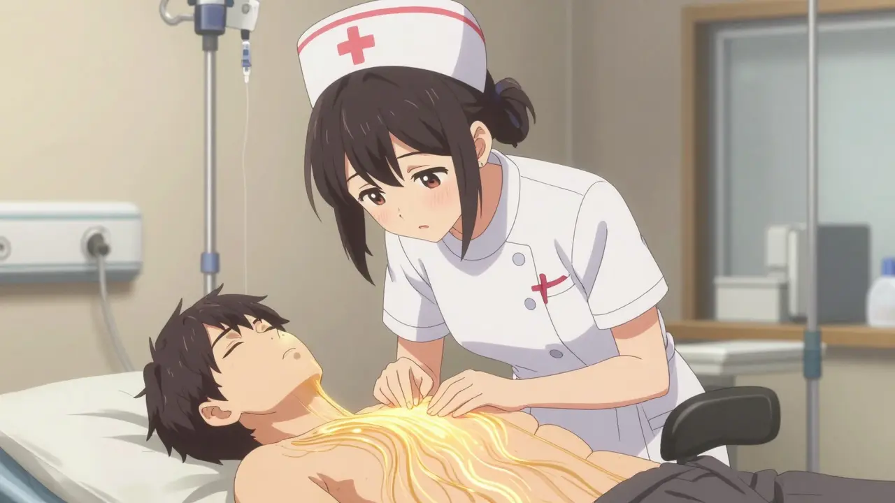 Infirmière administrant nalbuphine, vagues dorées apaisant les démangeaisons