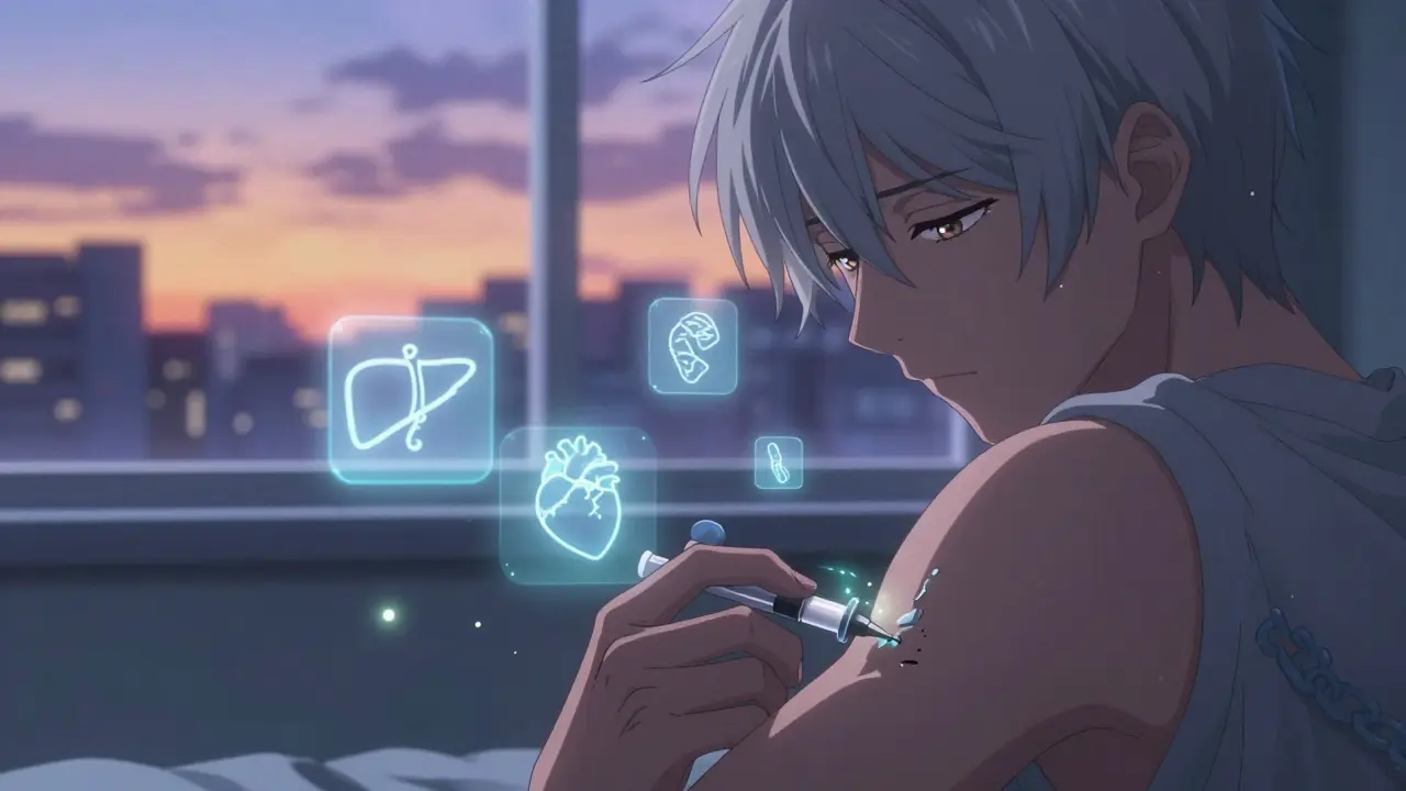 Main injectant un médicament biologique, entourée de symboles médicaux flottants, fond de coucher de soleil.