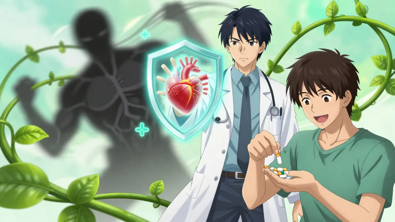 Médecin montrant un cœur protégé tandis qu'un homme remplace une statine par une autre plus douce.