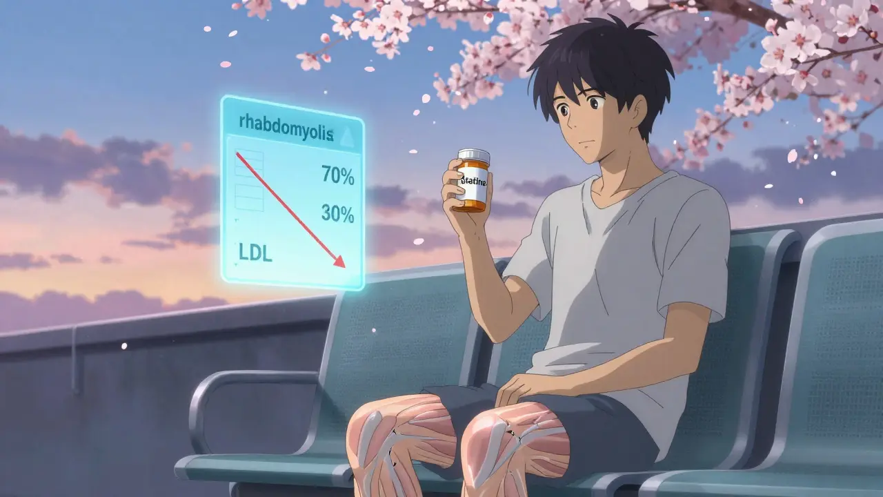 Patient assis sur un banc hospitalier, regardant une bouteille de statine sous un ciel crépusculaire.