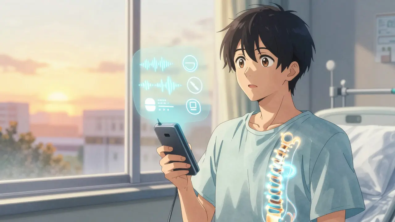 Patient tenant un programmeur sans fil, la lumière du coucher de soleil illumine son implant de stimulation spinale.