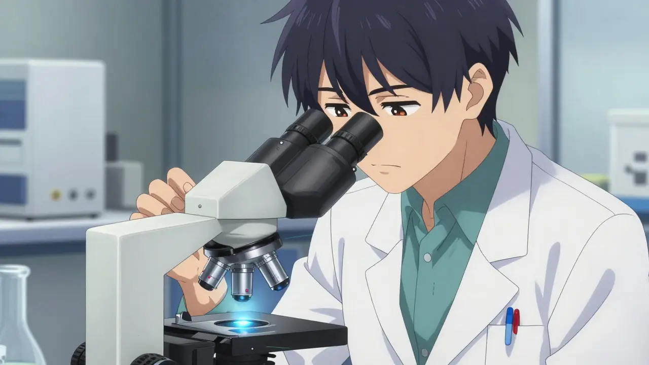Scientifique bishounen analysant un échantillon sanguin en laboratoire.