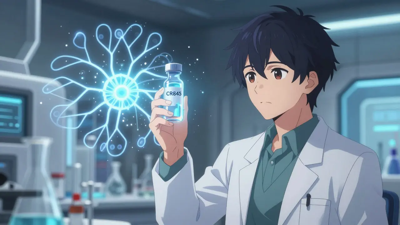 Scientifique dans laboratoire futuriste avec vial CR845 bloquant les voies nerveuses