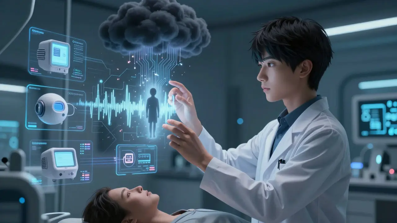 Spécialiste dans un laboratoire futuriste ajustant des dispositifs de neuromodulation avec des modèles flottants.