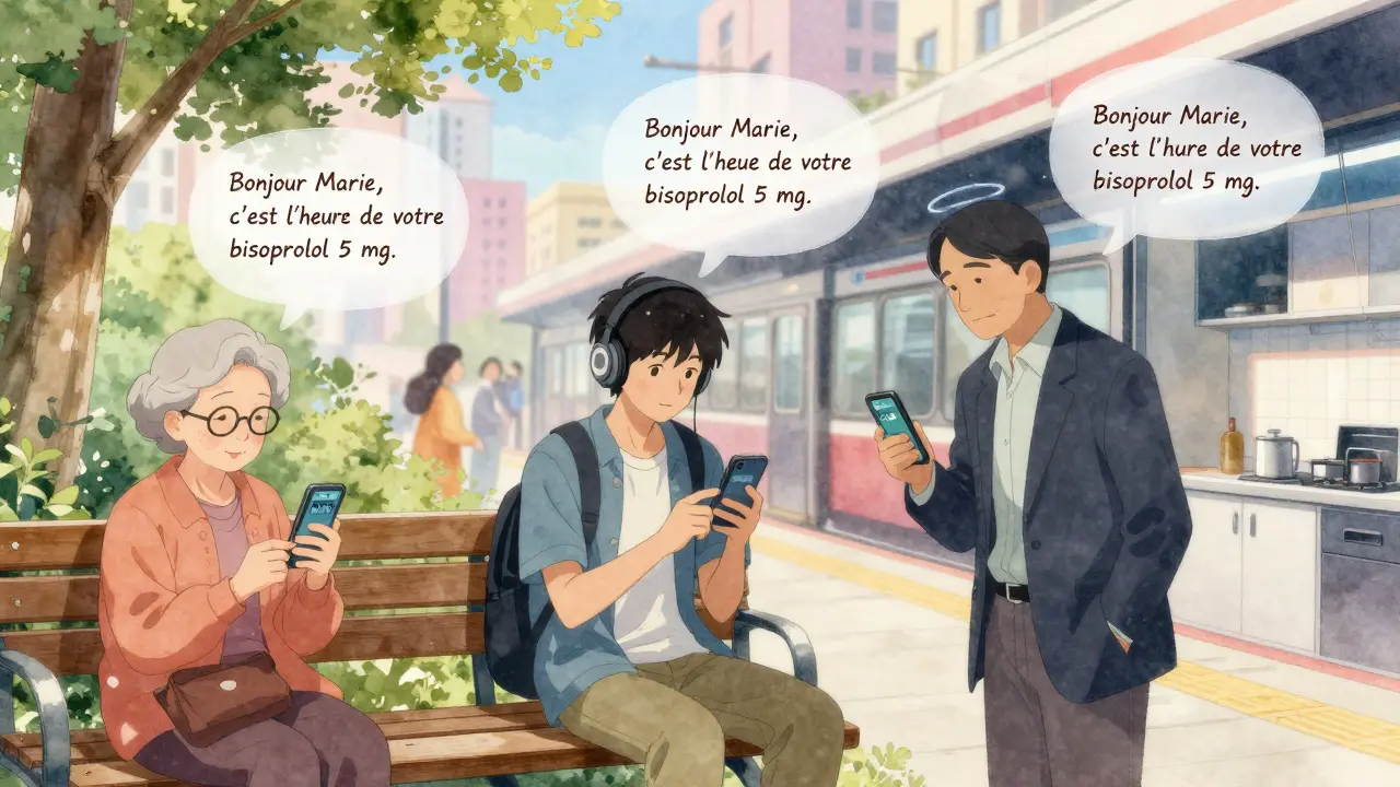 Trois patients dans des lieux urbains différents reçoivent des SMS personnalisés pour leurs traitements médicaux.