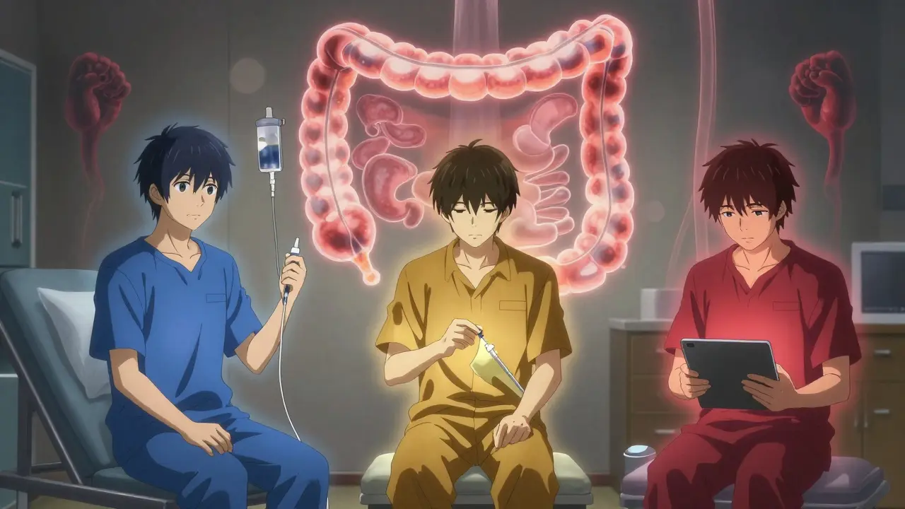 Trois patients dans une salle de thérapie, chacun entouré d'une aura de traitement différent, une muqueuse intestinale guérit derrière eux.