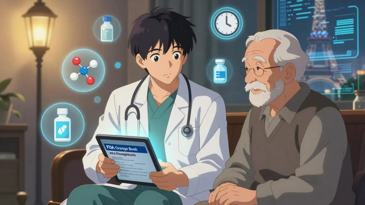 Un étudiant en médecine et un patient regardent ensemble un écran affichant un code AB du Livre Orange.