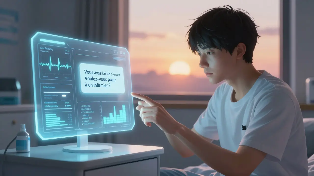 Un homme regarde un écran numérique intelligent qui propose un soutien médical adapté à son état.