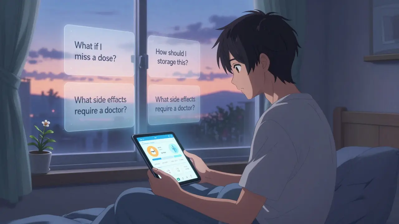 Un patient consulte une application de médicaments avec des questions essentielles flottantes autour de lui.