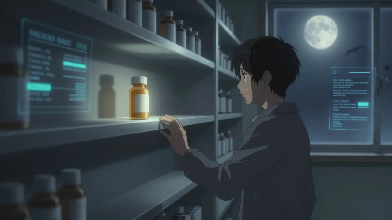 Une étagère de pharmacie vide sous une lumière lunaire, un patient tend la main vers le vide.