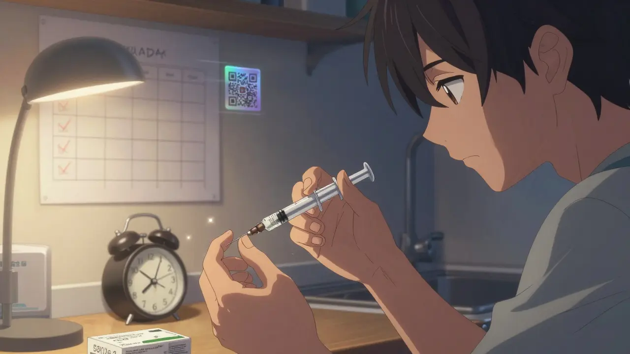 Une main utilise une seringue graduée pour prendre un médicament liquide, avec une liste de prise sur le mur.