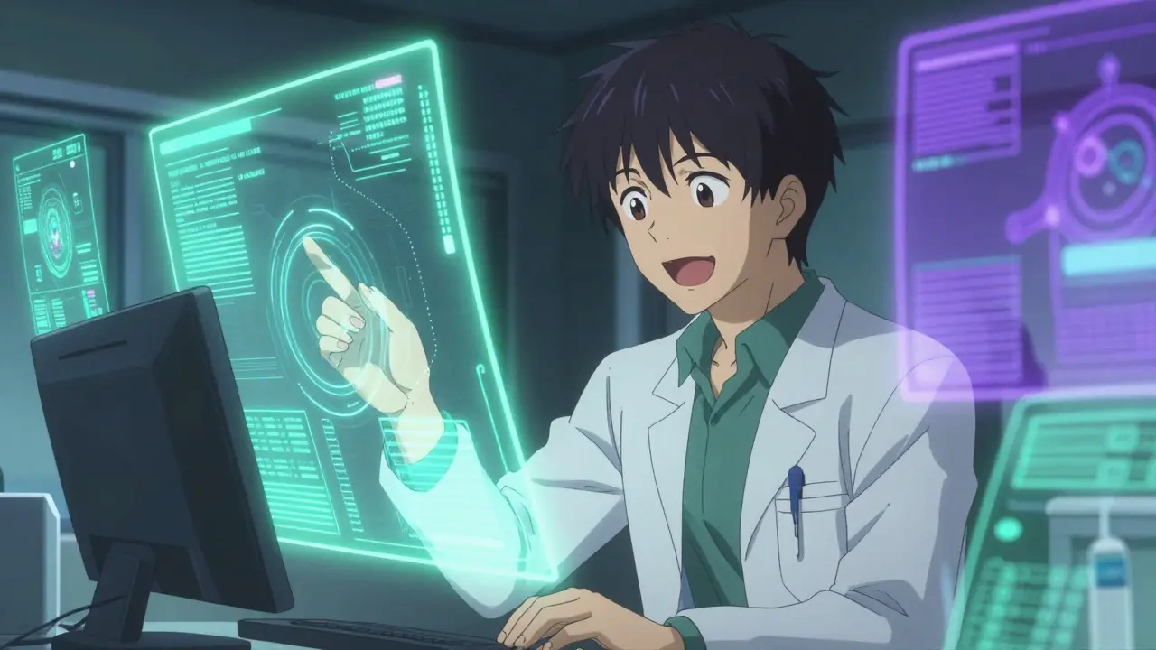 Analyste médical entouré de données holographiques futuristes.