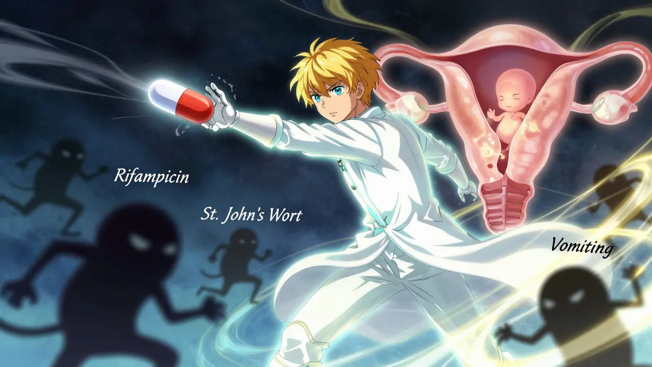 Bataille symbolique entre une pilule contraceptive et des agents interférants dans un style anime.