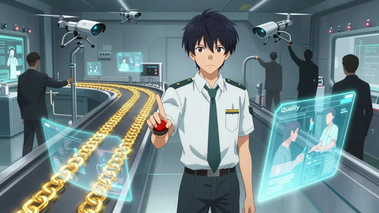 Centre de contrôle qualité futuriste avec blockchain, IA et un responsable qui arrête une production défectueuse.