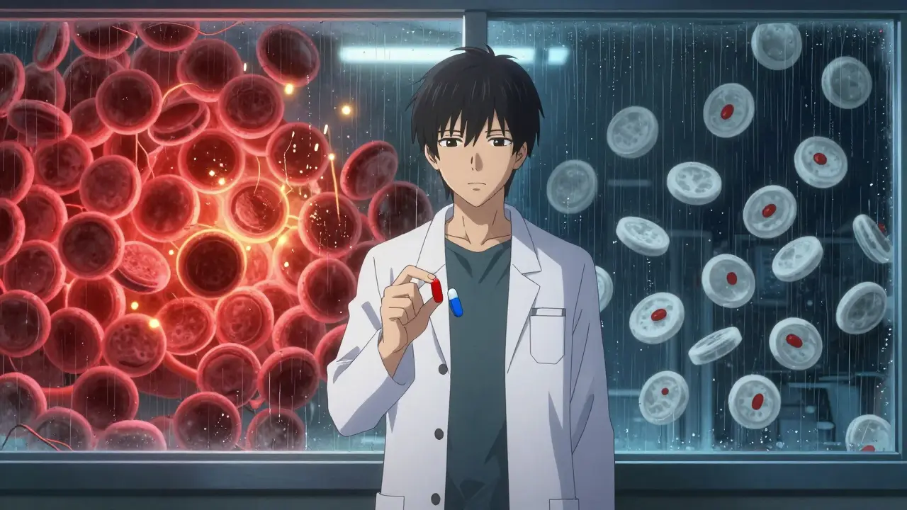 Comparaison visuelle entre plaquettes fonctionnelles et appauvries, avec deux pilules d'ISRS contrastées sous un éclairage dramatique.