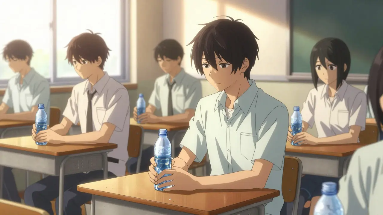 Dans une salle de classe, un élève pose une bouteille réutilisable, et les autres le copient silencieusement, lumière naturelle.