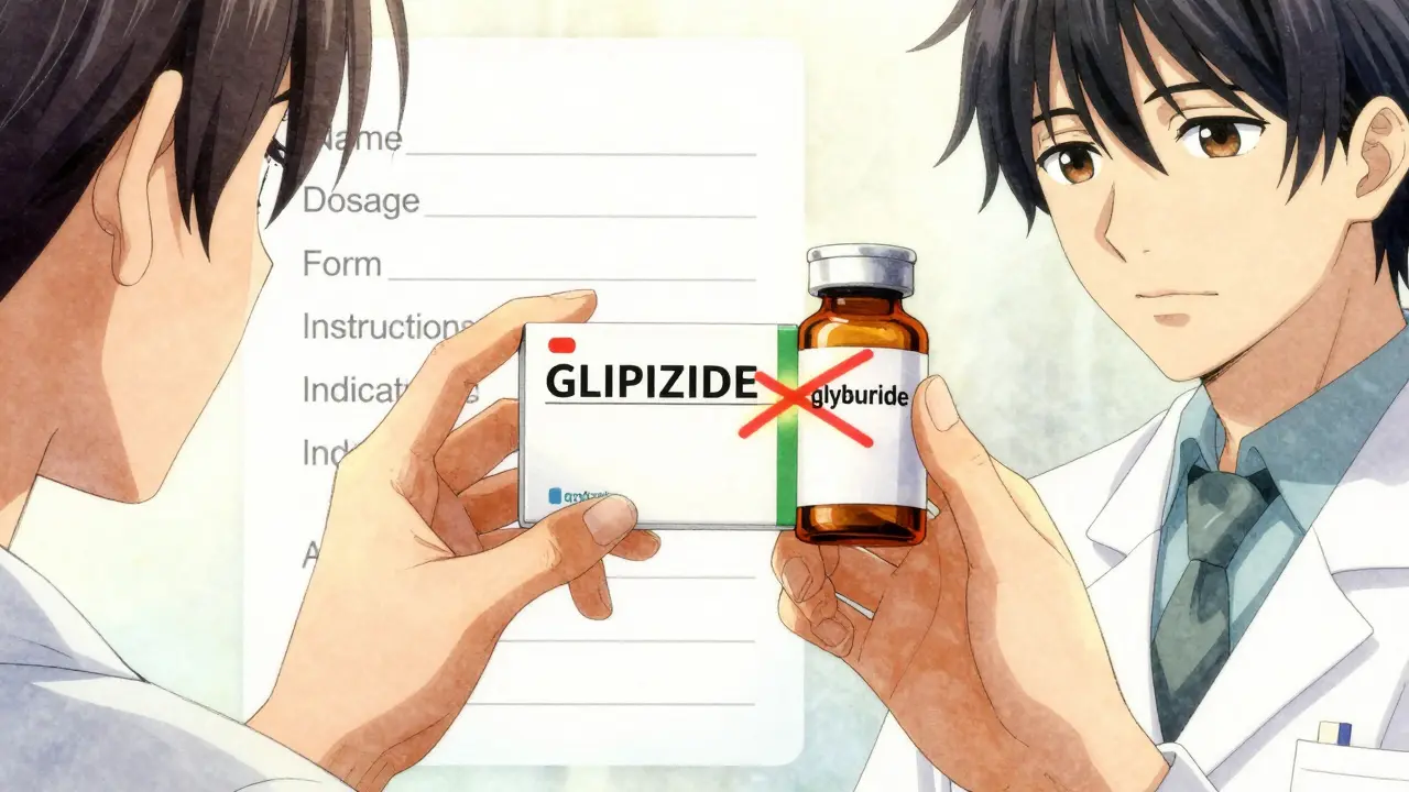 Deux mains comparant une étiquette de médicament correcte et erronée, avec des lettres en majuscules soulignées.