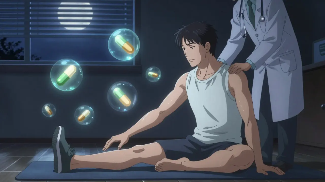 Homme étirant ses jambes le soir, pilules de statine flottantes en lueur douce, lumière de lune, expression apaisée.