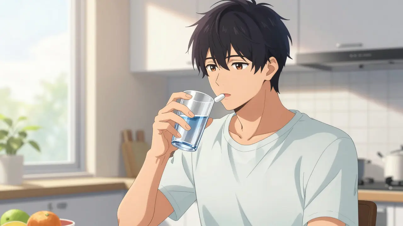 Homme préparant une gélule avec de l'eau dans une cuisine ensoleillée.