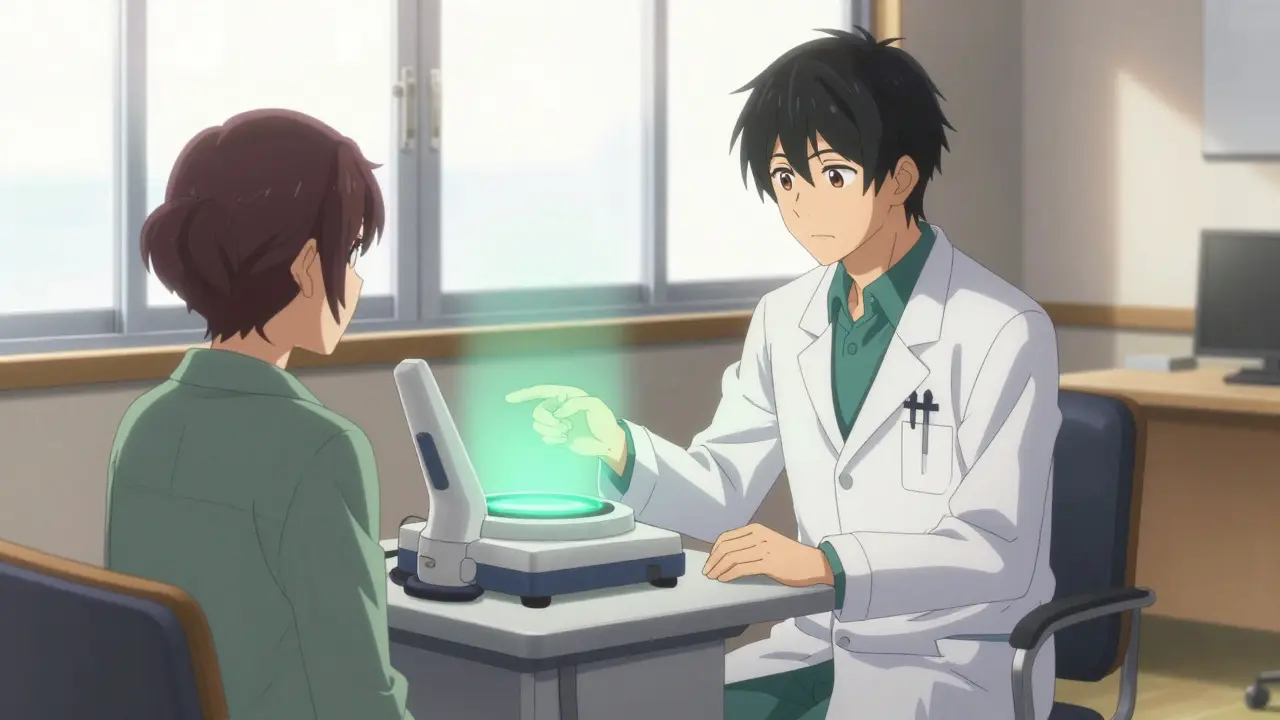 Médecin et patient consultent près d'un appareil émettant une lumière douce.