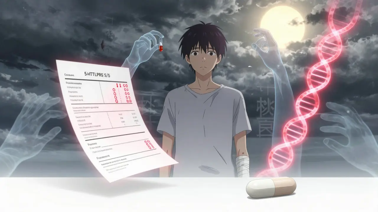 Patient aux ecchymoses légères devant un tableau médical, avec des médicaments dangereux et un marqueur génétique en surbrillance.