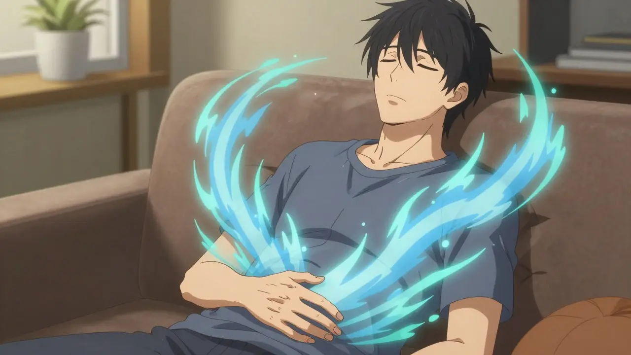 Personnage anime ressentant un soulagement interne bleu apaisant.