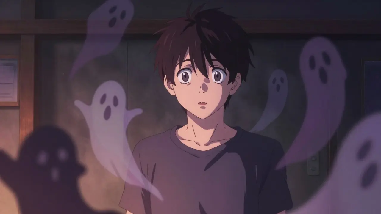 Personnage entouré d'ombres d'enfants et d'animaux représentant des hallucinations.