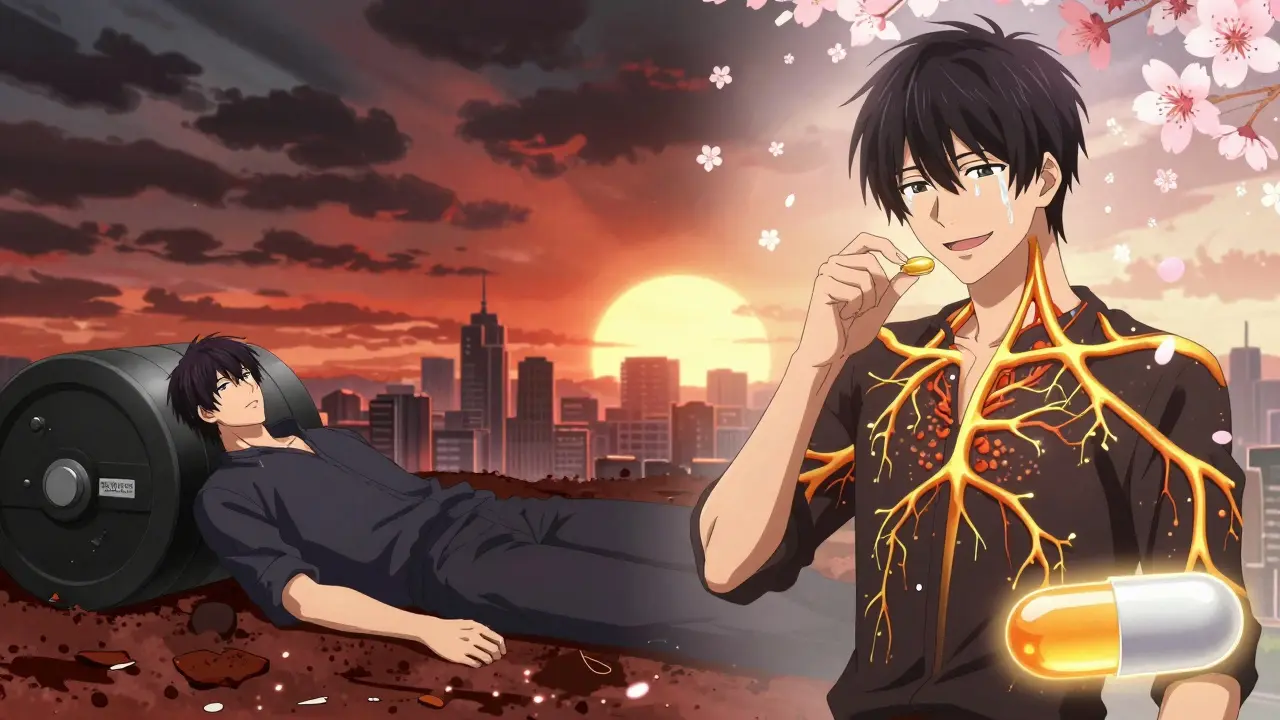 Scène divisée : à gauche risque de crise cardiaque, à droite homme prenant une statine avec supplément, aube dorée en arrière-plan.