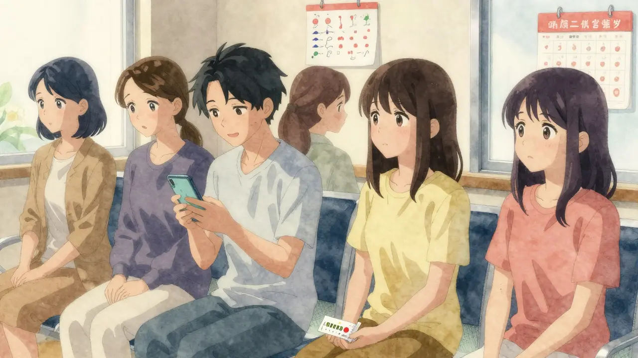 Trois jeunes femmes dans une salle d’attente médicale, chacune avec une émotion différente liée à la contraception.