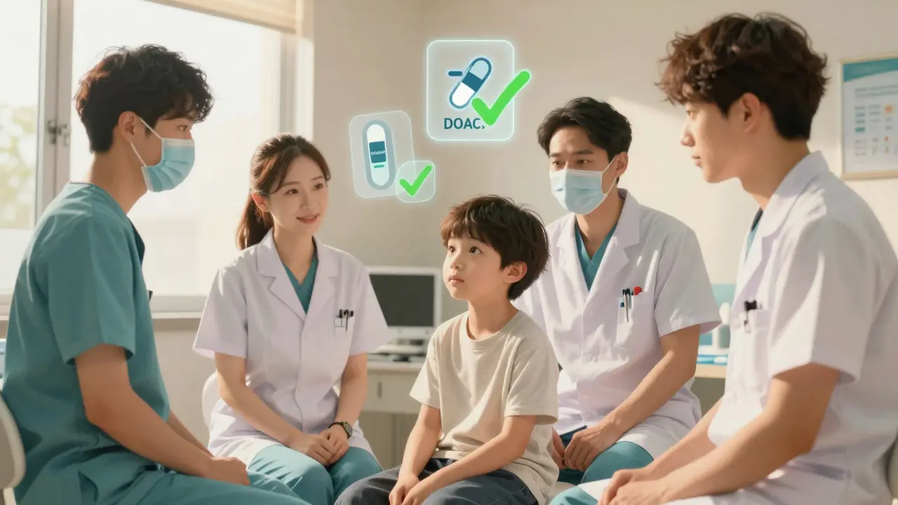 Un dentiste et un cardiologue discutent avec un patient sous anticoagulants, dans une atmosphère de collaboration sereine.