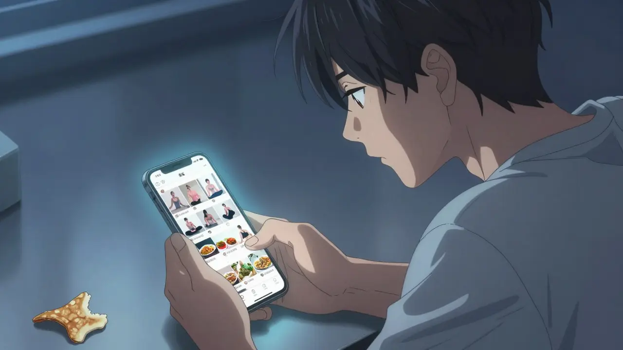 Un jeune homme regarde son téléphone en silence, entouré de contenus sociaux positifs, éclairé par une lumière bleue douce.